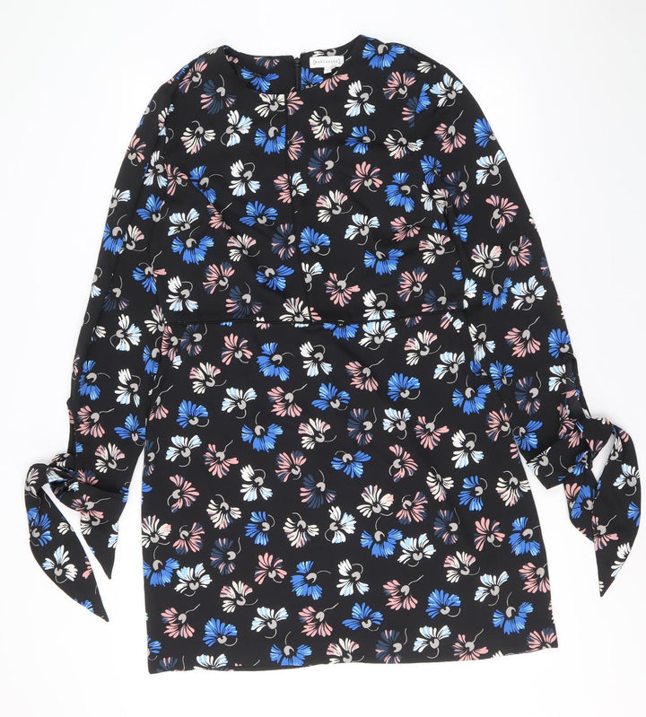 Warehouse Womens Black Floral Polyester Shift Size 14 Scoop Neck Zip - Tie Sleeve Detail