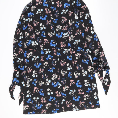 Warehouse Womens Black Floral Polyester Shift Size 14 Scoop Neck Zip - Tie Sleeve Detail