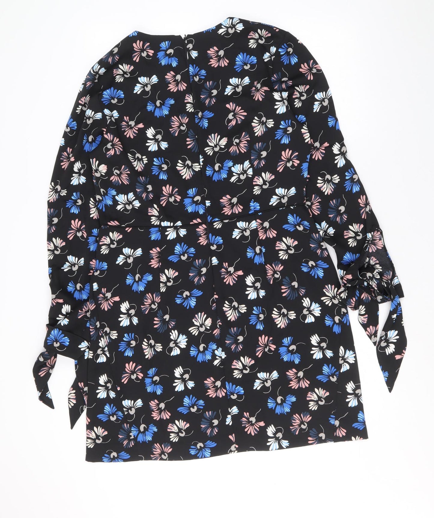 Warehouse Womens Black Floral Polyester Shift Size 14 Scoop Neck Zip - Tie Sleeve Detail