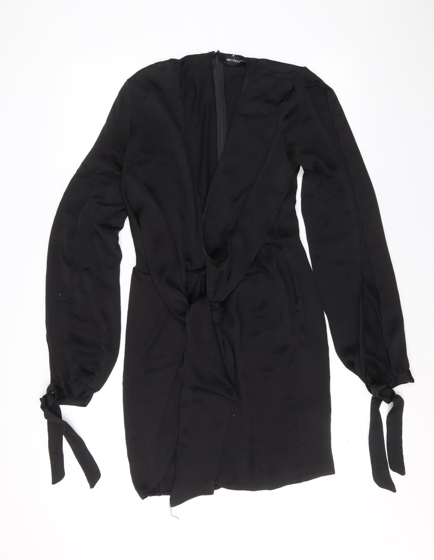 PRETTYLITTLETHING Womens Black Polyester Bodycon Size 10 V-Neck Zip - Tie Front, Tie Sleeve Detail
