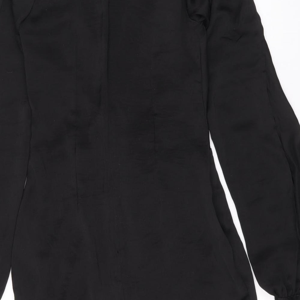 PRETTYLITTLETHING Womens Black Polyester Bodycon Size 10 V-Neck Zip - Tie Front, Tie Sleeve Detail