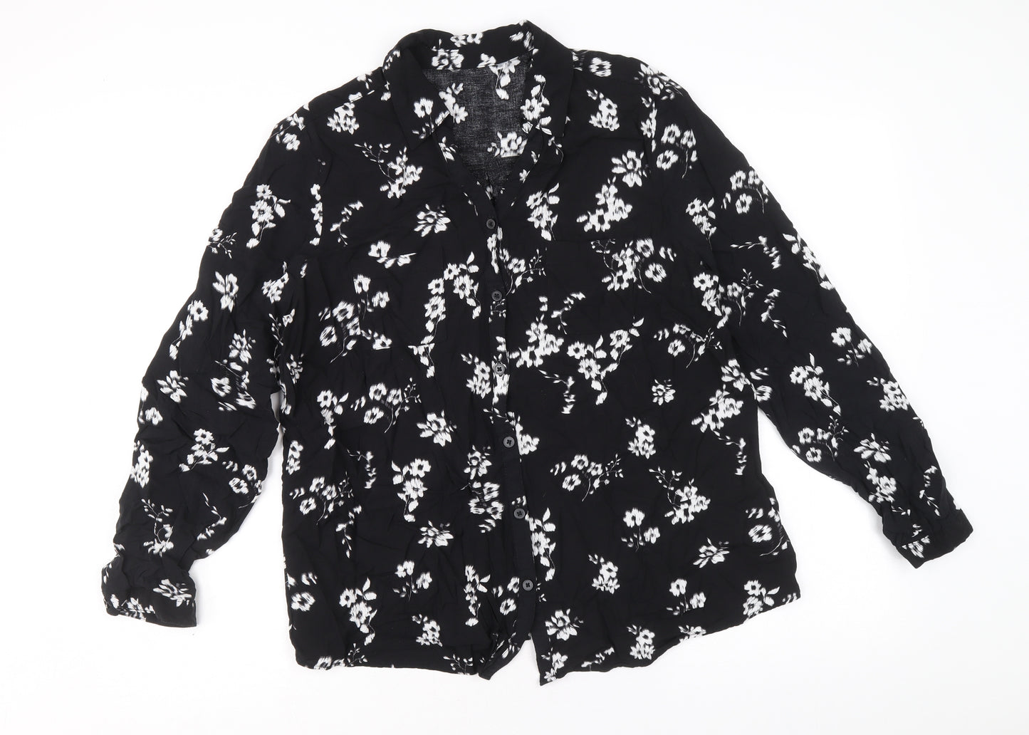 Peacocks Womens Black Floral Viscose Basic Button-Up Size 16 Collared