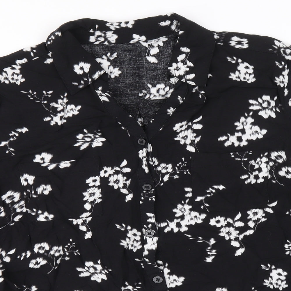 Peacocks Womens Black Floral Viscose Basic Button-Up Size 16 Collared
