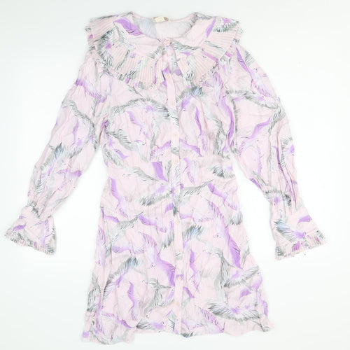 H&M Womens Pink Geometric Viscose Shirt Dress Size 10 Collared Button - Crane Print, Pleated Peter Pan Collar