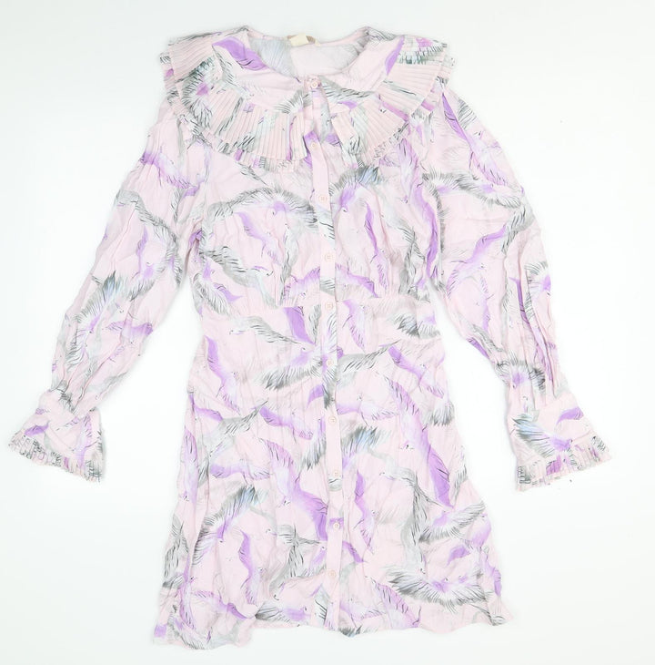 H&M Womens Pink Geometric Viscose Shirt Dress Size 10 Collared Button - Crane Print, Pleated Peter Pan Collar