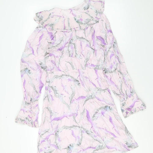 H&M Womens Pink Geometric Viscose Shirt Dress Size 10 Collared Button - Crane Print, Pleated Peter Pan Collar
