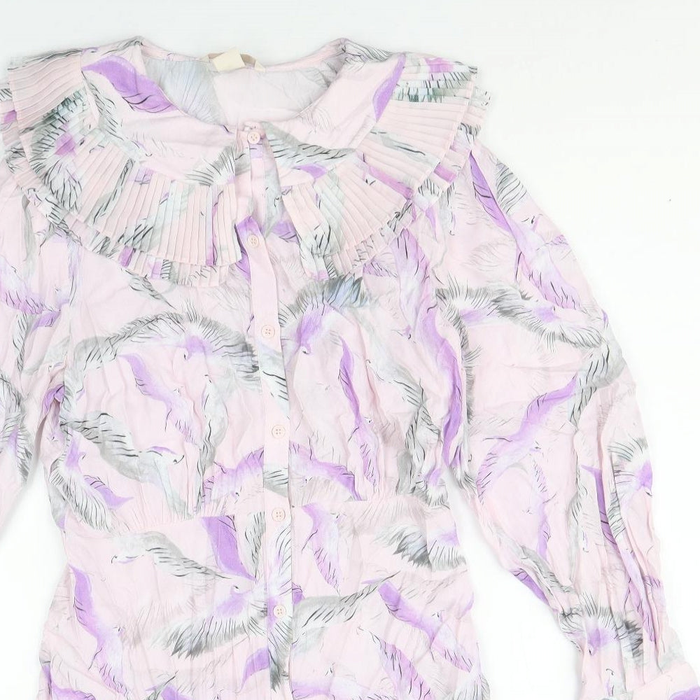 H&M Womens Pink Geometric Viscose Shirt Dress Size 10 Collared Button - Crane Print, Pleated Peter Pan Collar