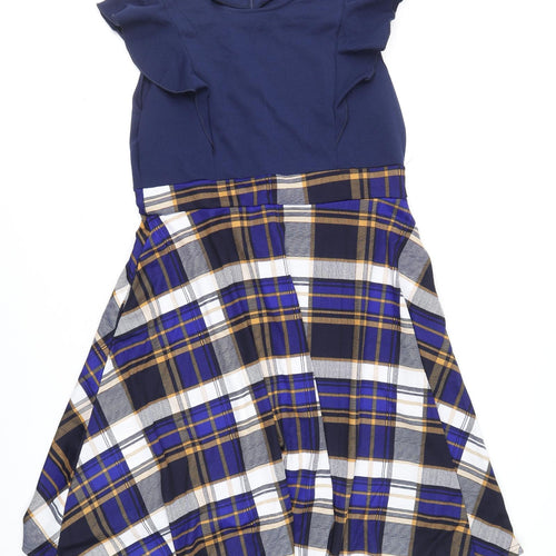 iHot Womens Blue Plaid Polyester Fit & Flare Size 2XL Scoop Neck Zip