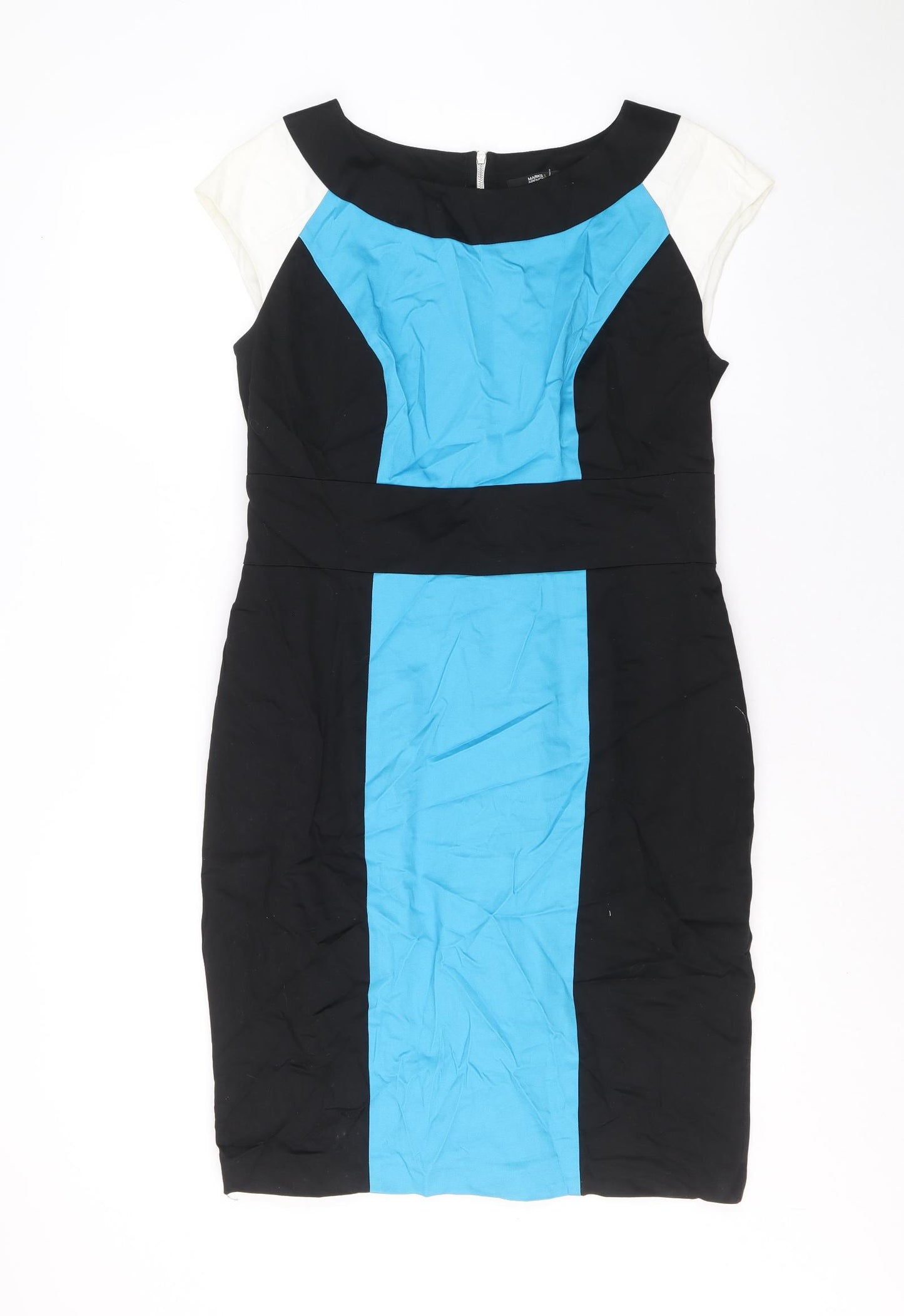 Marks and Spencer Womens Black Colourblock Cotton Pencil Dress Size 14 Boat Neck Zip