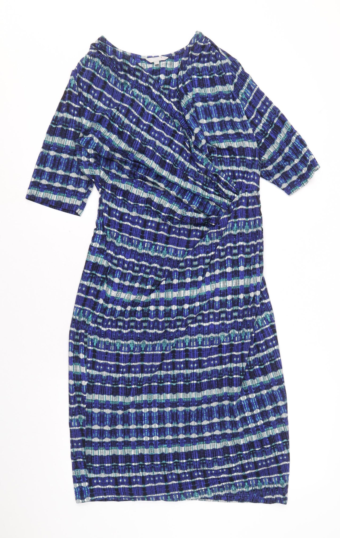 Per Una Womens Blue Geometric Viscose Pencil Dress Size 12 V-Neck Pullover - Side Ruched