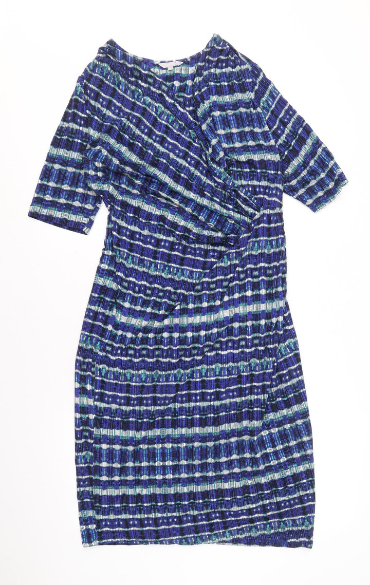 Per Una Womens Blue Geometric Viscose Pencil Dress Size 12 V-Neck Pullover - Side Ruched