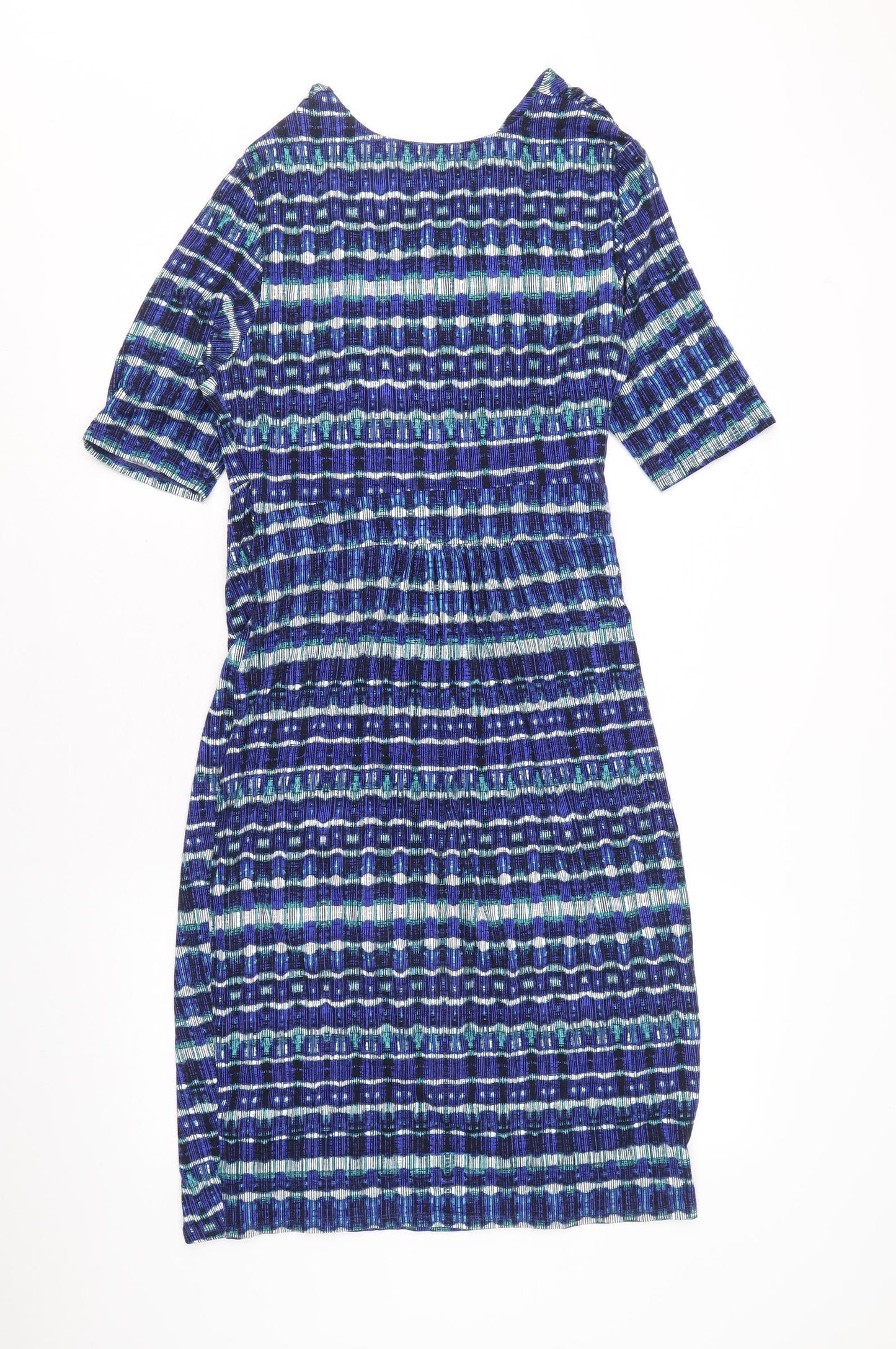 Per Una Womens Blue Geometric Viscose Pencil Dress Size 12 V-Neck Pullover - Side Ruched
