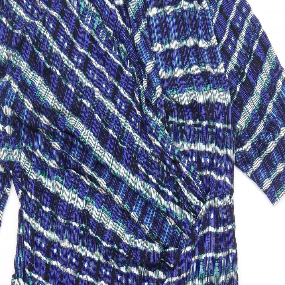 Per Una Womens Blue Geometric Viscose Pencil Dress Size 12 V-Neck Pullover - Side Ruched