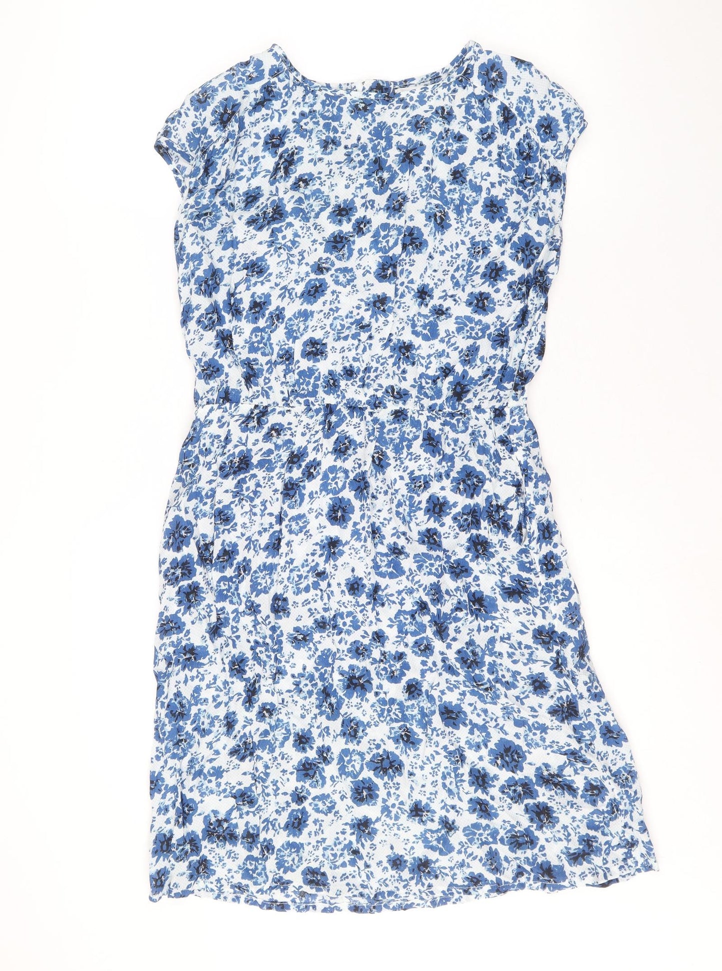 John Lewis Womens Blue Floral Viscose A-Line Size 10 Boat Neck Zip