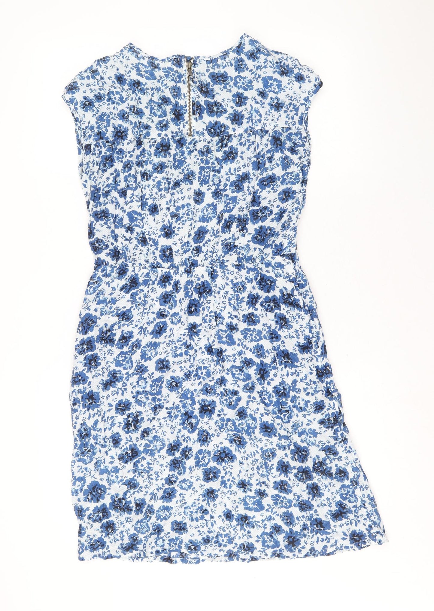 John Lewis Womens Blue Floral Viscose A-Line Size 10 Boat Neck Zip
