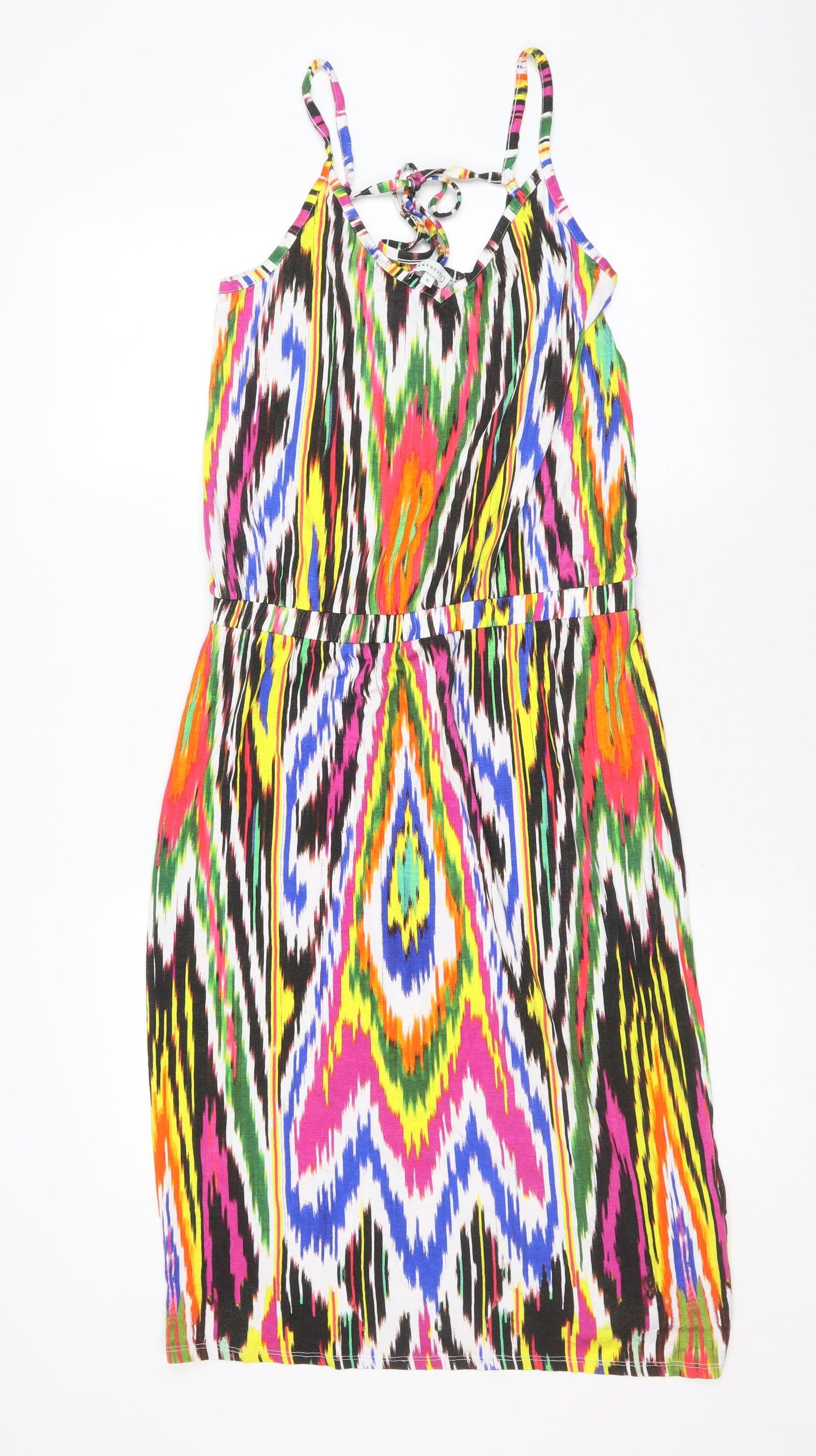 Warehouse Womens Multicoloured Geometric Viscose A-Line Size 12 V-Neck Tie