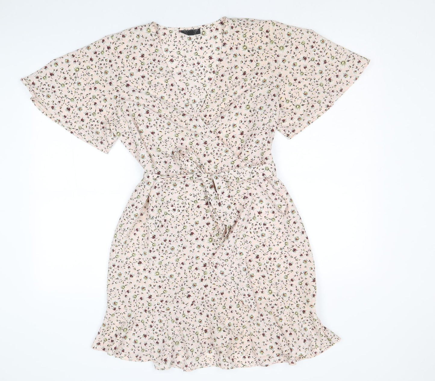 Topshop Womens Pink Floral Viscose Wrap Dress Size 10 V-Neck Tie - Angel Sleeve