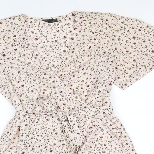 Topshop Womens Pink Floral Viscose Wrap Dress Size 10 V-Neck Tie - Angel Sleeve