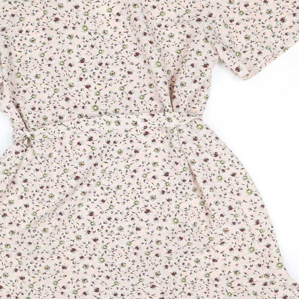 Topshop Womens Pink Floral Viscose Wrap Dress Size 10 V-Neck Tie - Angel Sleeve