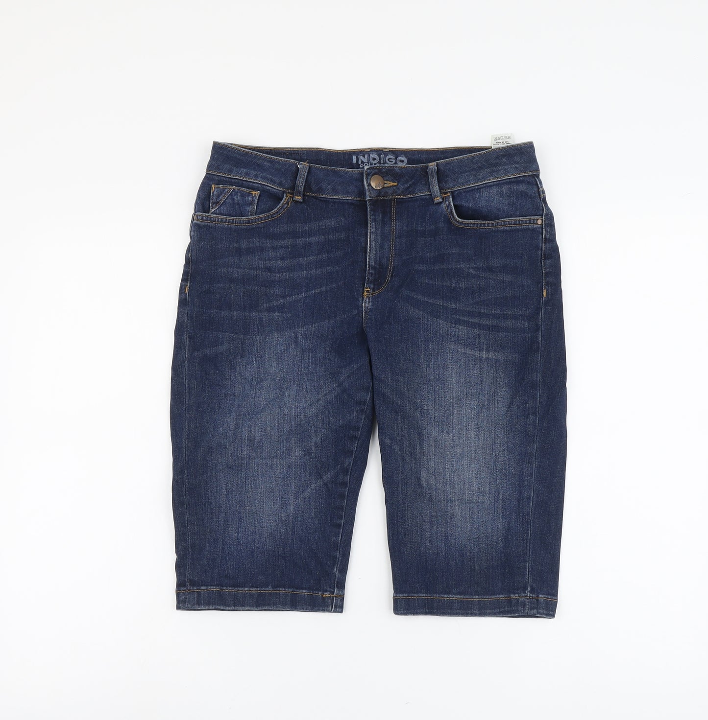 Marks and Spencer Womens Blue Cotton Boyfriend Shorts Size 10 L13 in Regular Button