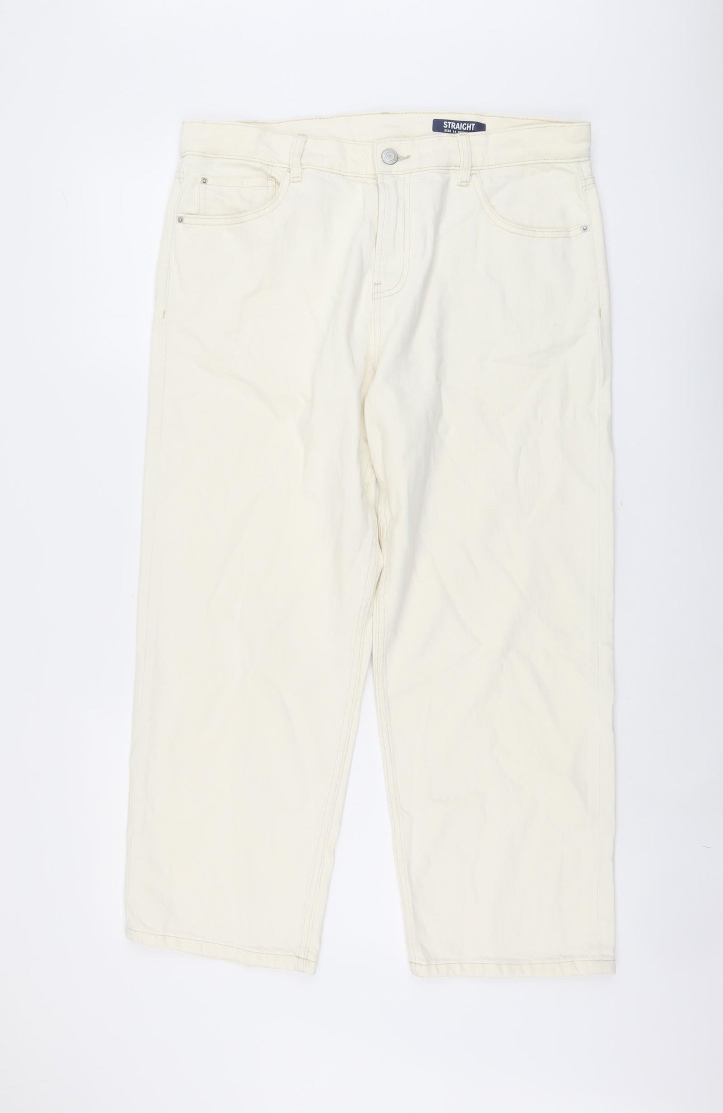 Marks and Spencer Womens Ivory Cotton Straight Jeans Size 14 L25 in Regular Button