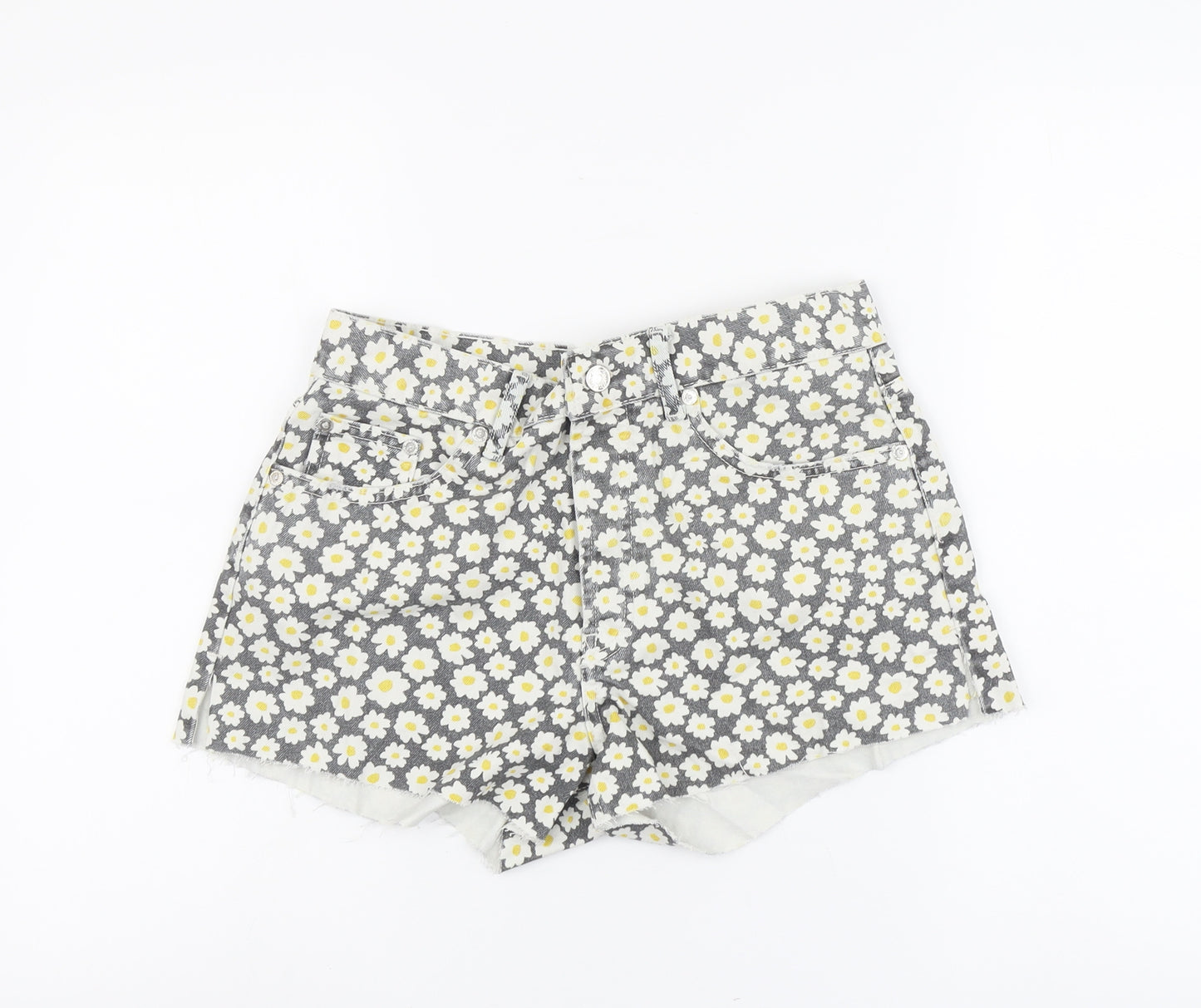 Zara Womens Grey Floral Cotton Hot Pants Shorts Size 10 L3 in Regular Button