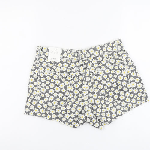 Zara Womens Grey Floral Cotton Hot Pants Shorts Size 10 L3 in Regular Button