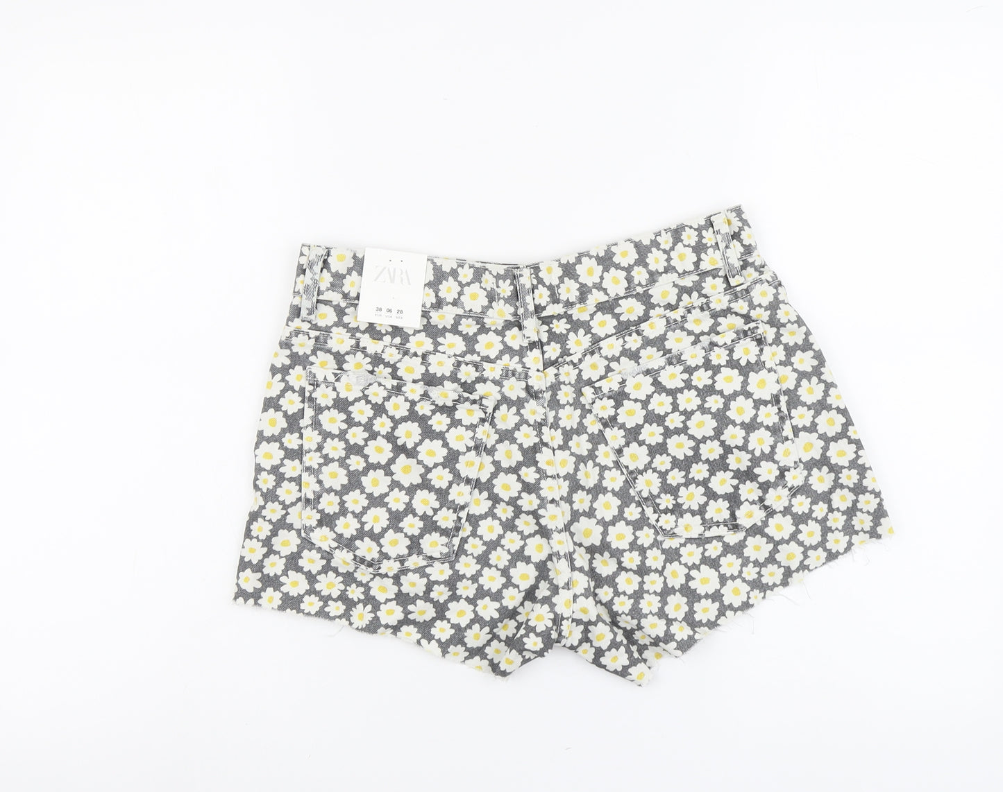 Zara Womens Grey Floral Cotton Hot Pants Shorts Size 10 L3 in Regular Button