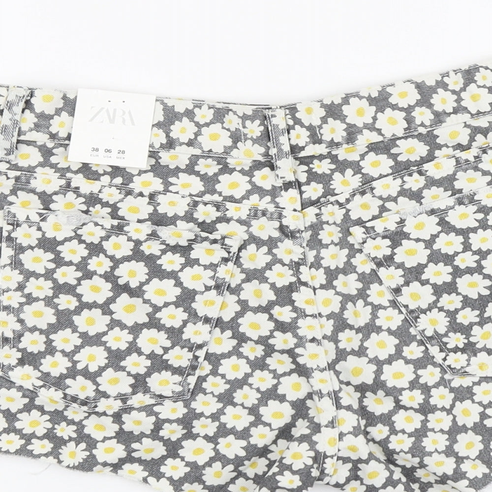 Zara Womens Grey Floral Cotton Hot Pants Shorts Size 10 L3 in Regular Button