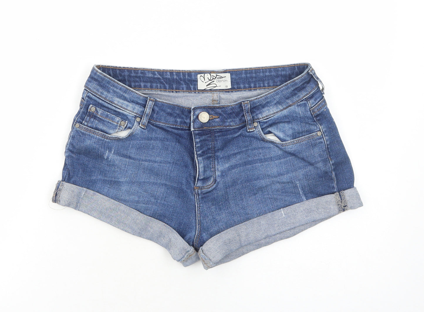 Miss Selfridge Womens Blue Cotton Hot Pants Shorts Size 10 Regular Button