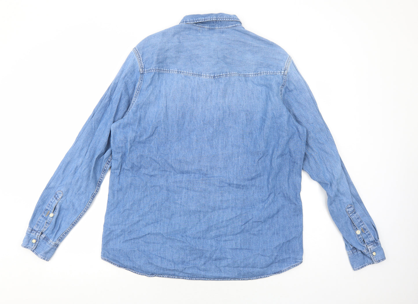 H&M Womens Blue Cotton Basic Button-Up Size L Collared