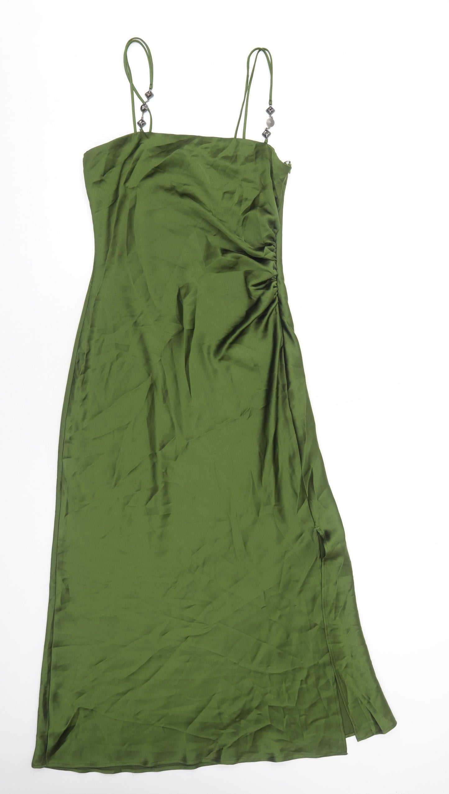 Zara Womens Green Polyester Slip Dress Size M Square Neck Zip