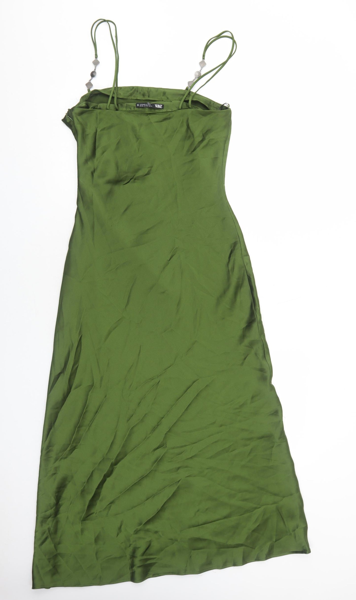 Zara Womens Green Polyester Slip Dress Size M Square Neck Zip