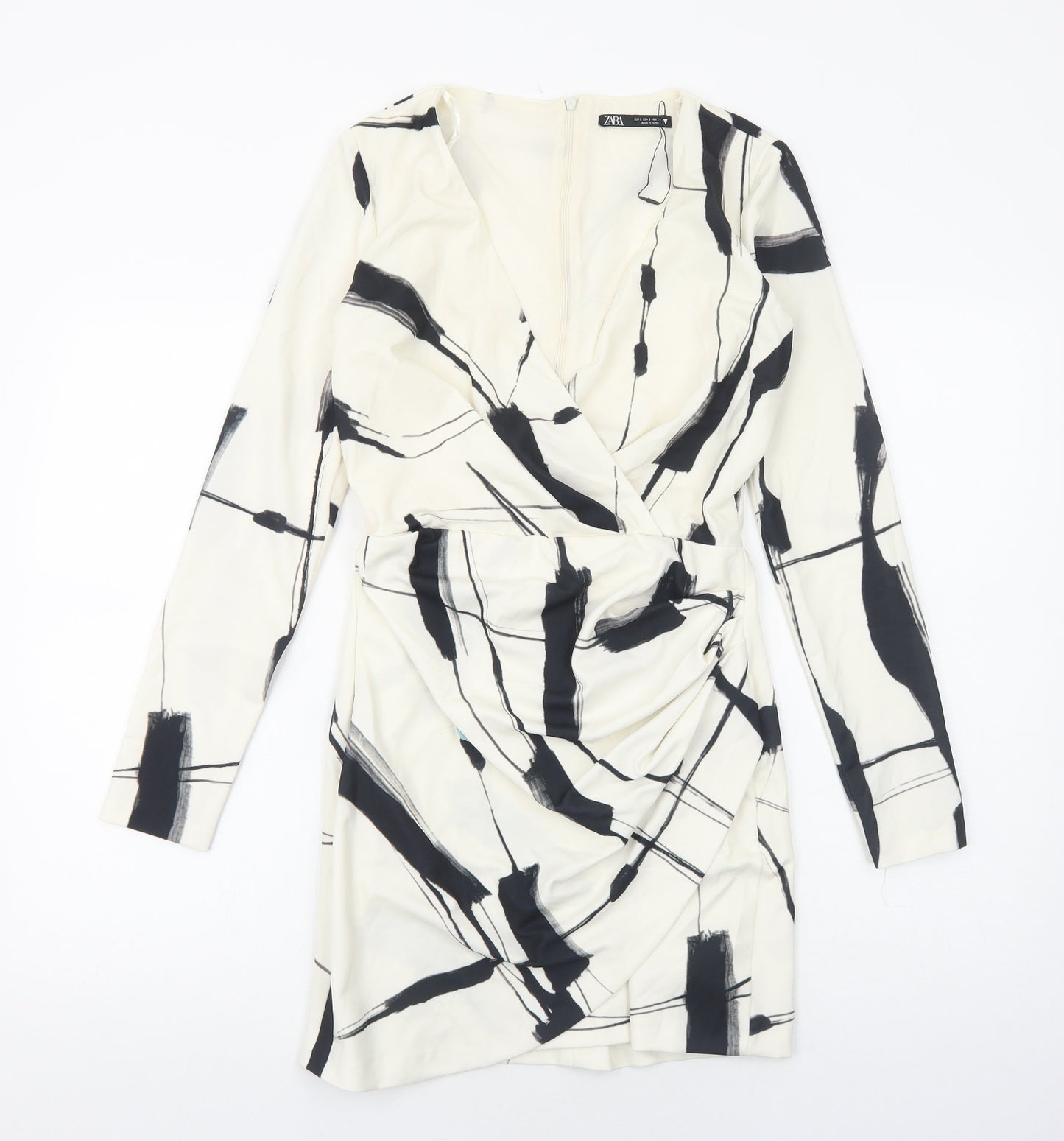 Zara Womens Ivory Geometric Polyester A-Line Size S V-Neck Zip
