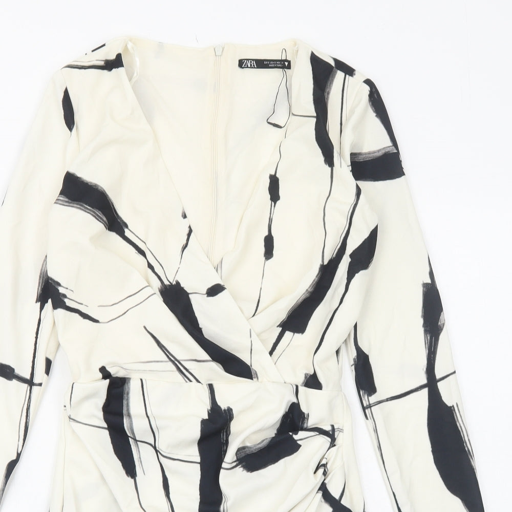 Zara Womens Ivory Geometric Polyester A-Line Size S V-Neck Zip