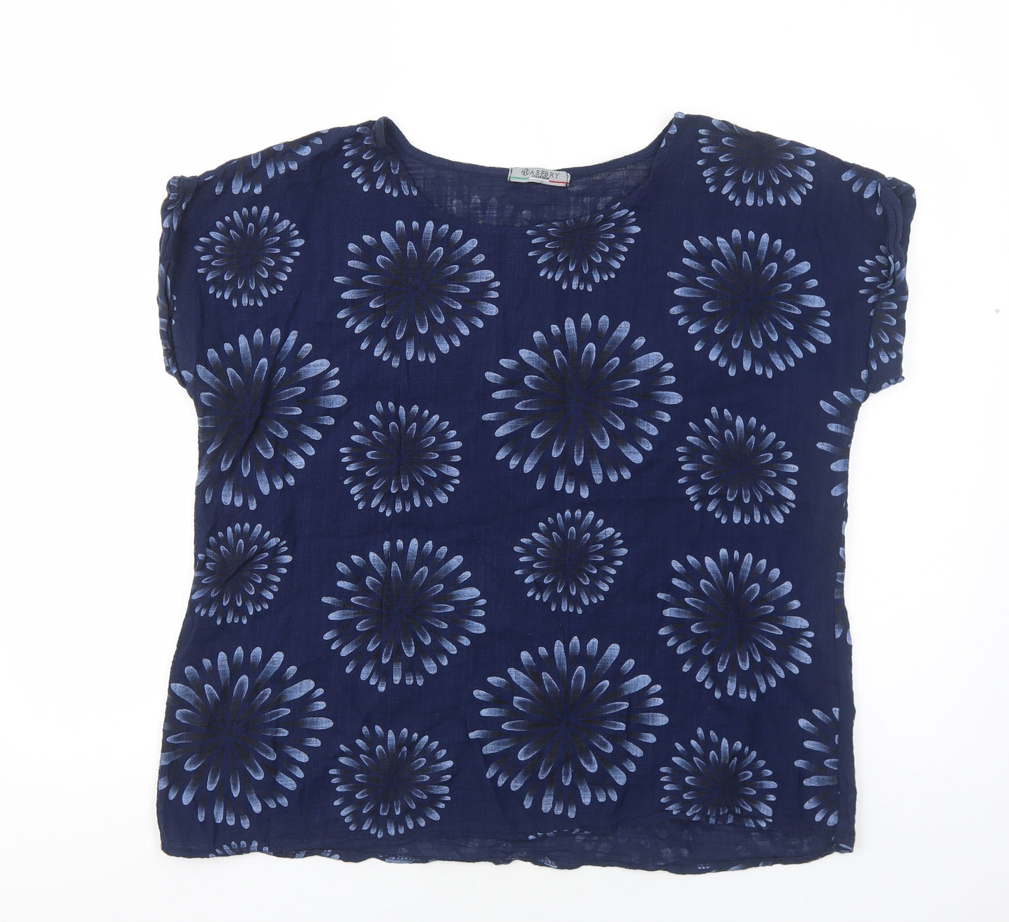 Raspbry Womens Blue Geometric Cotton Basic Blouse Size M Round Neck