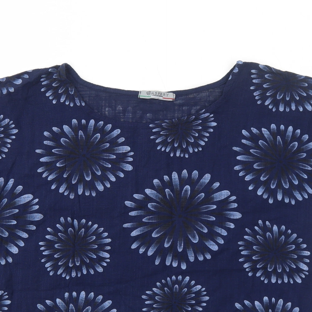 Raspbry Womens Blue Geometric Cotton Basic Blouse Size M Round Neck