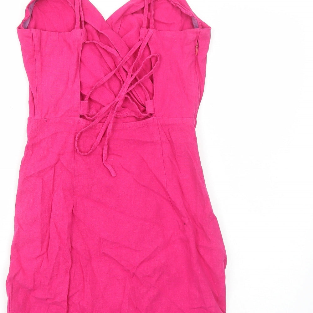 Zara Womens Pink Linen Bodycon Size M V-Neck Zip