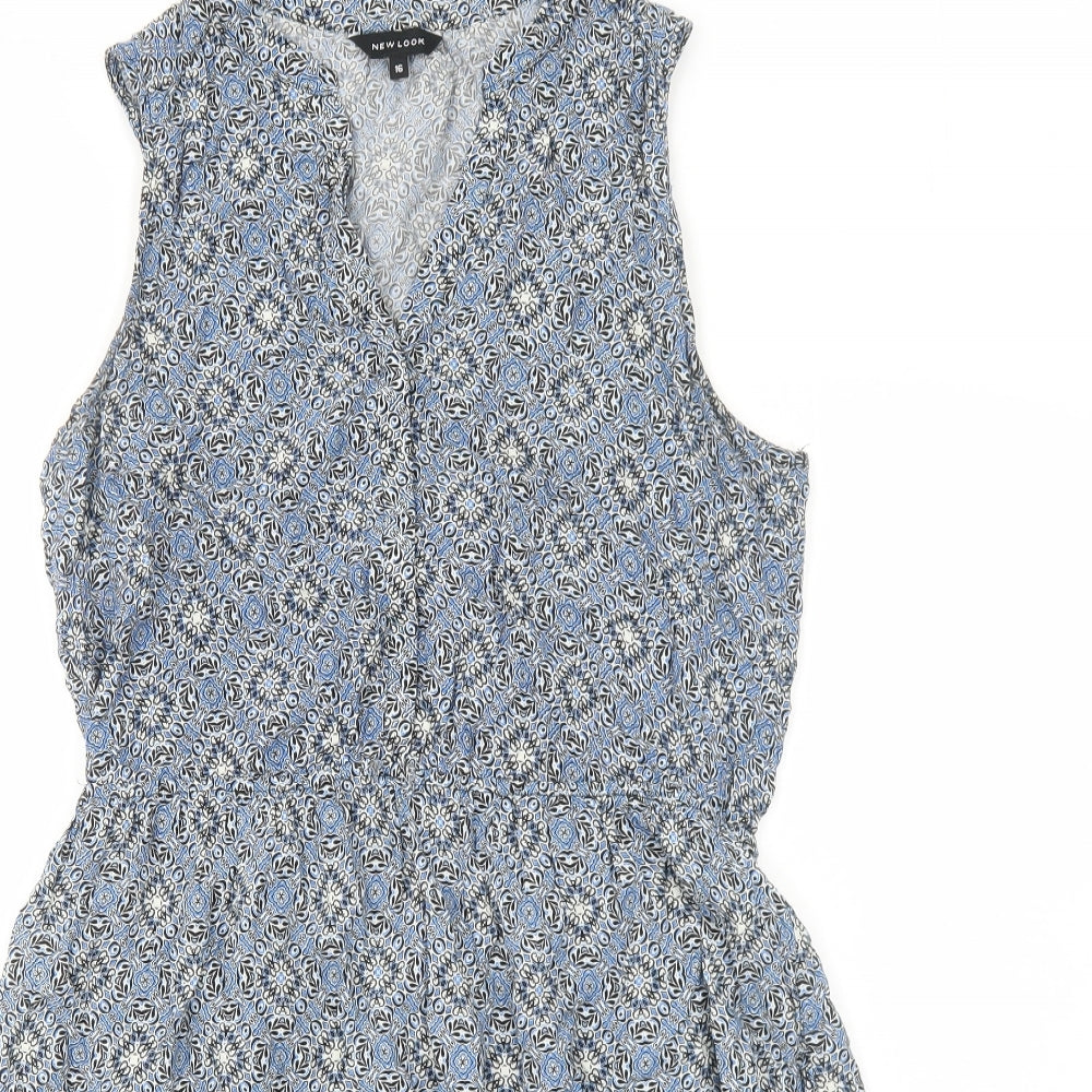 New Look Womens Blue Geometric Viscose Trapeze & Swing Size 16 V-Neck Pullover