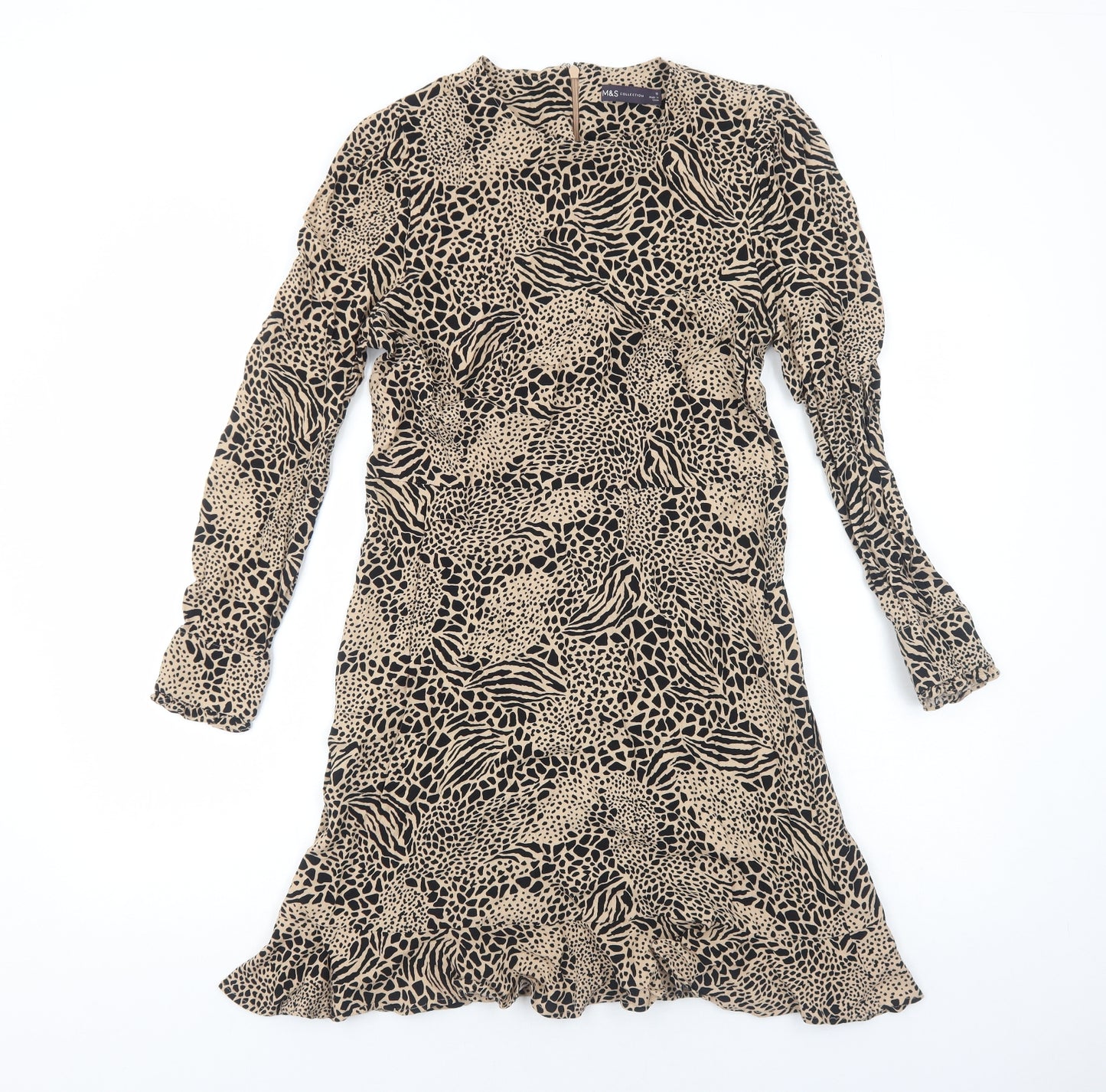 Marks and Spencer Womens Brown Animal Print Polyester Fit & Flare Size 10 Round Neck Zip - Leopard Pattern