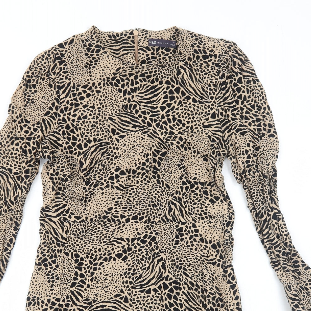 Marks and Spencer Womens Brown Animal Print Polyester Fit & Flare Size 10 Round Neck Zip - Leopard Pattern