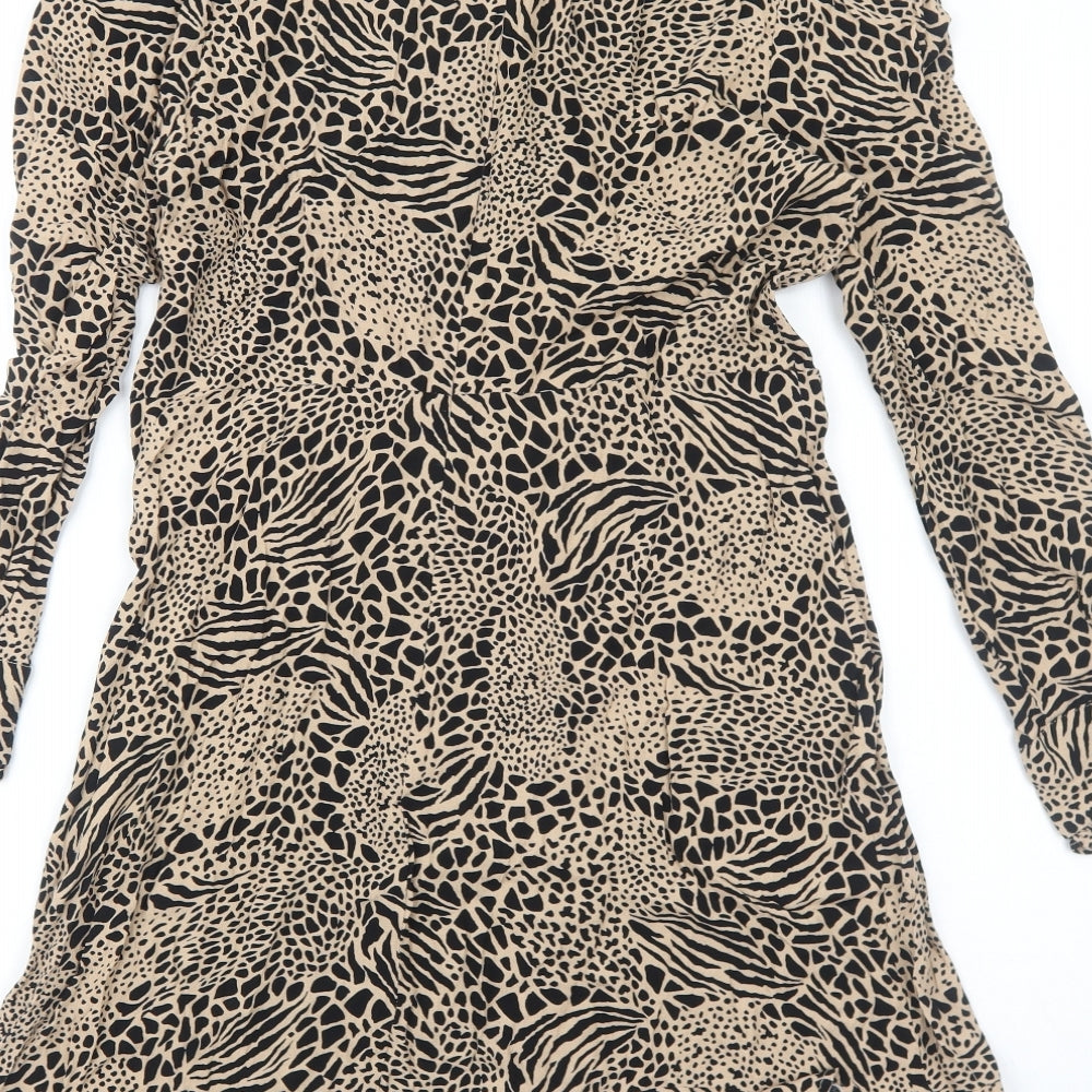 Marks and Spencer Womens Brown Animal Print Polyester Fit & Flare Size 10 Round Neck Zip - Leopard Pattern