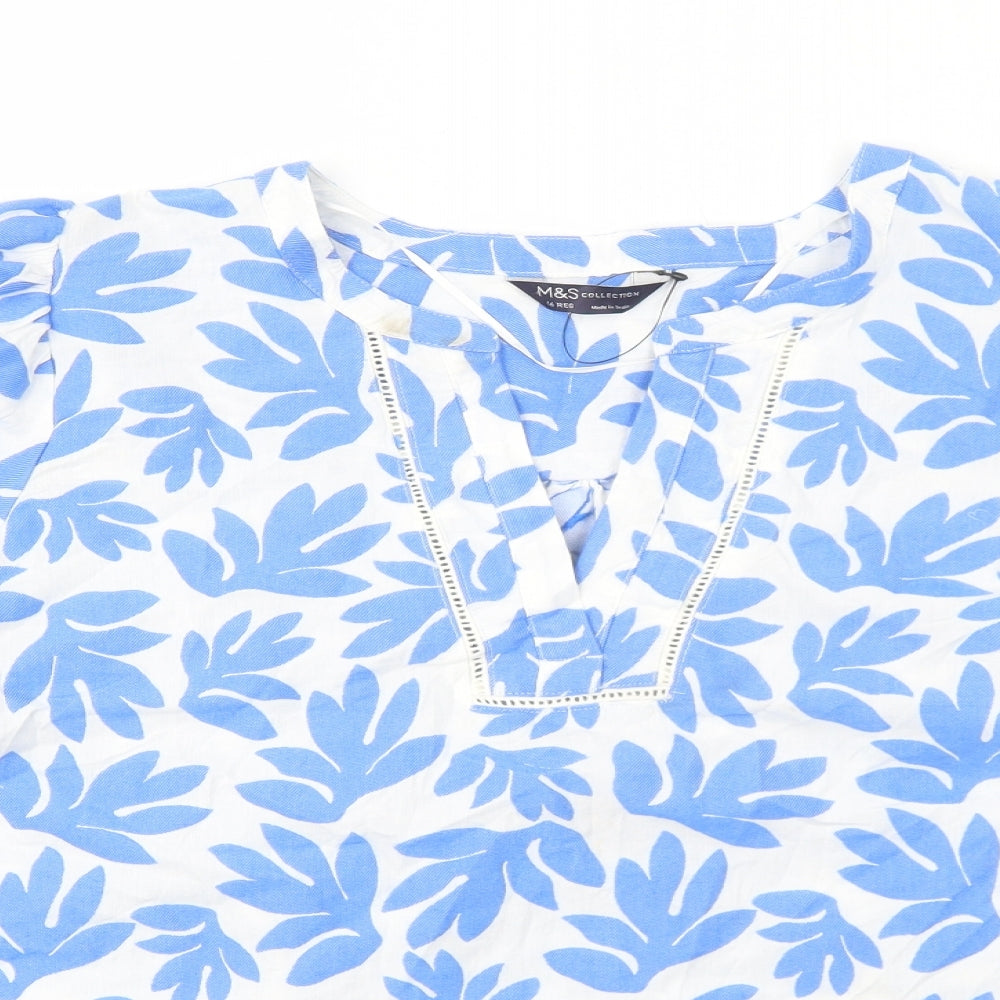 Marks and Spencer Womens Blue Geometric Cotton Basic Blouse Size 16 V-Neck