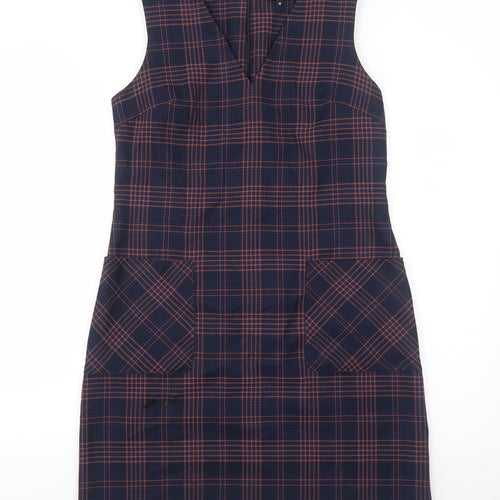 Peacocks Womens Blue Plaid Viscose A-Line Size 12 V-Neck Zip