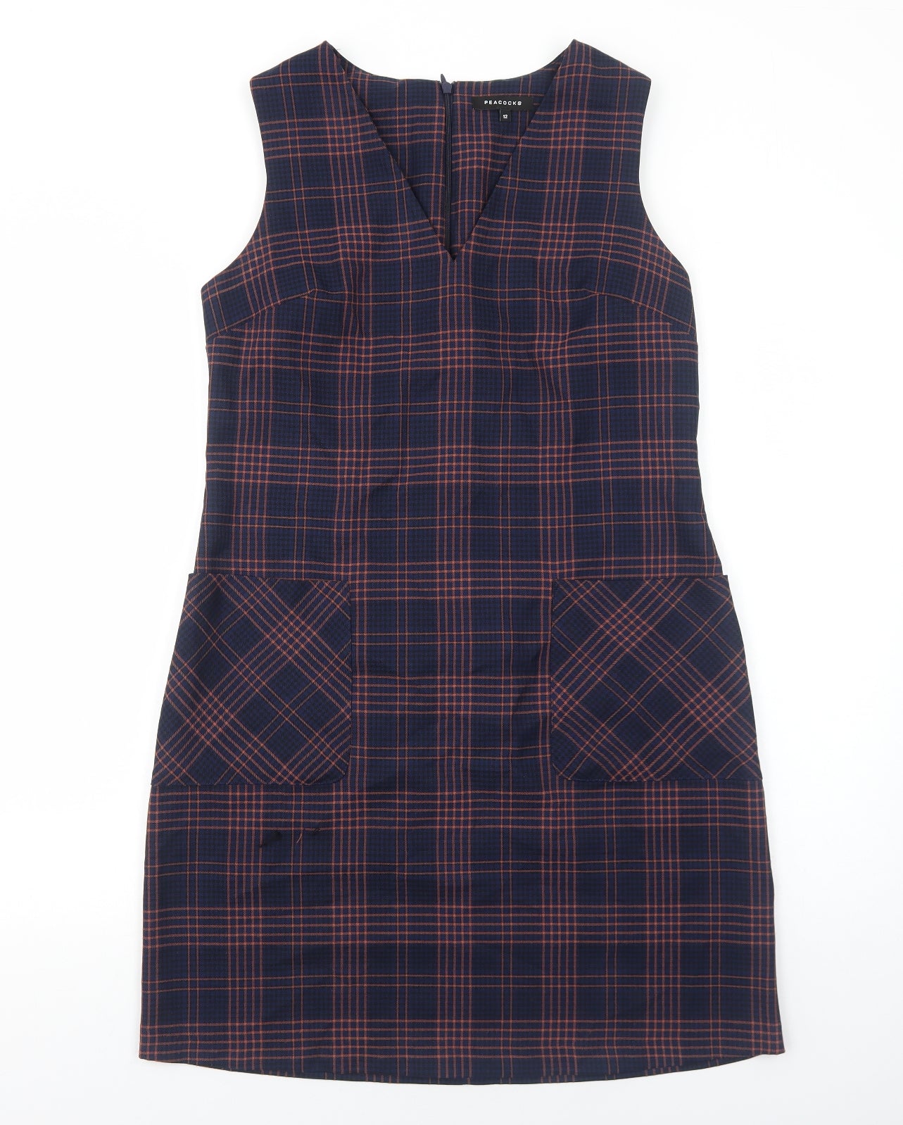 Peacocks Womens Blue Plaid Viscose A-Line Size 12 V-Neck Zip