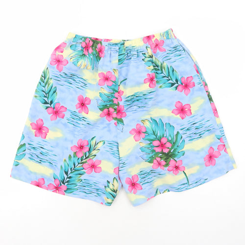 Susan Graver Womens Blue Floral Polyester Bermuda Shorts Size S Regular Pull On