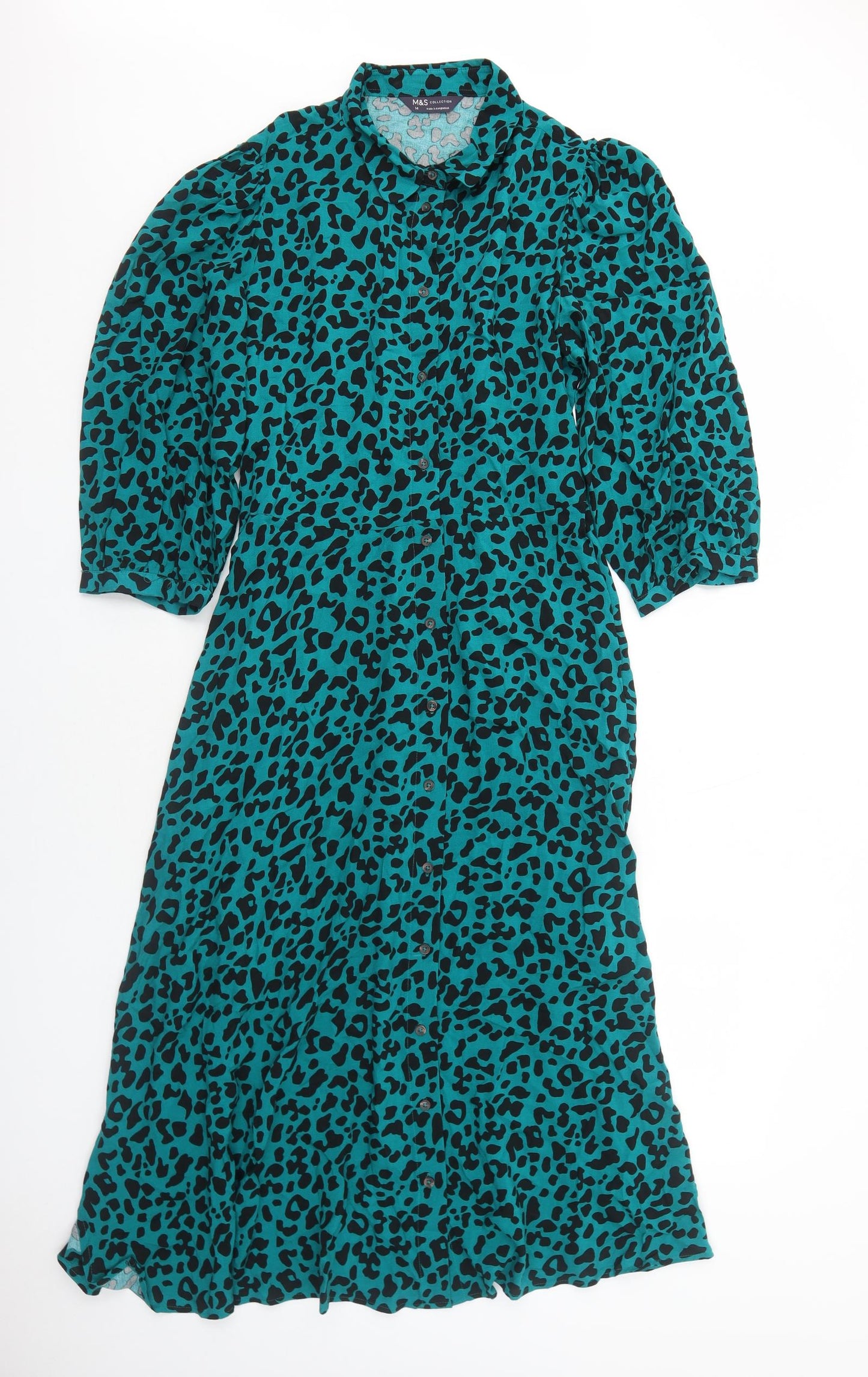 Marks and Spencer Womens Green Animal Print Viscose Shirt Dress Size 14 Collared Button - Leopard Pattern