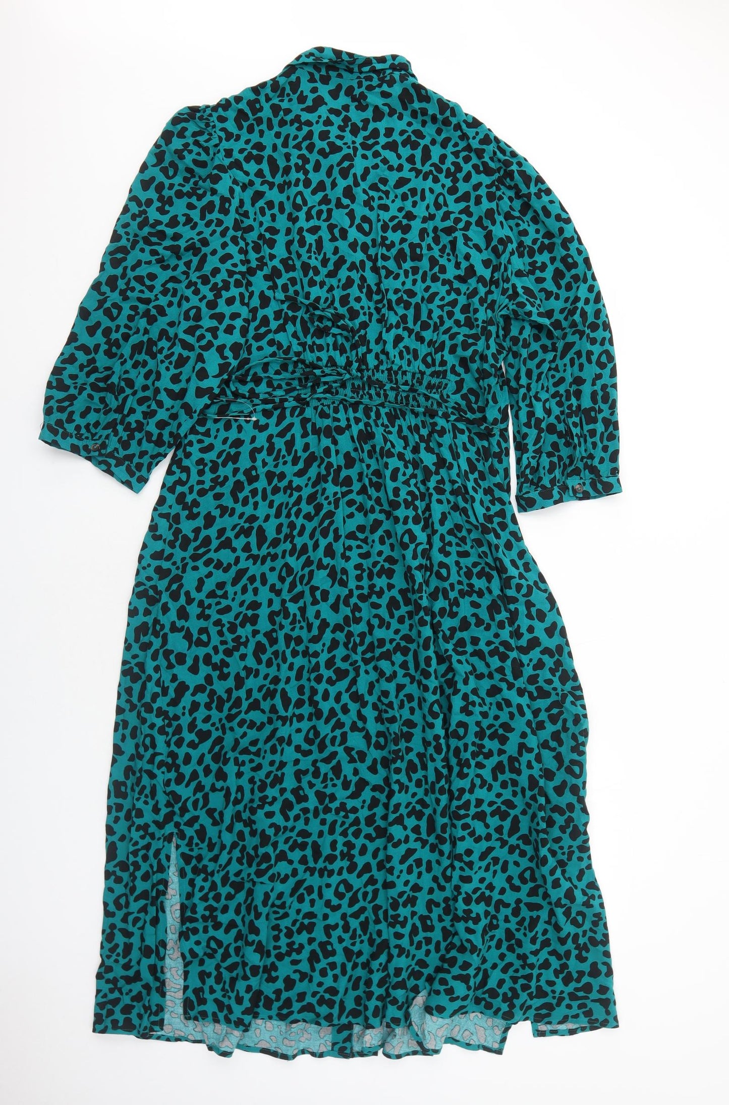 Marks and Spencer Womens Green Animal Print Viscose Shirt Dress Size 14 Collared Button - Leopard Pattern