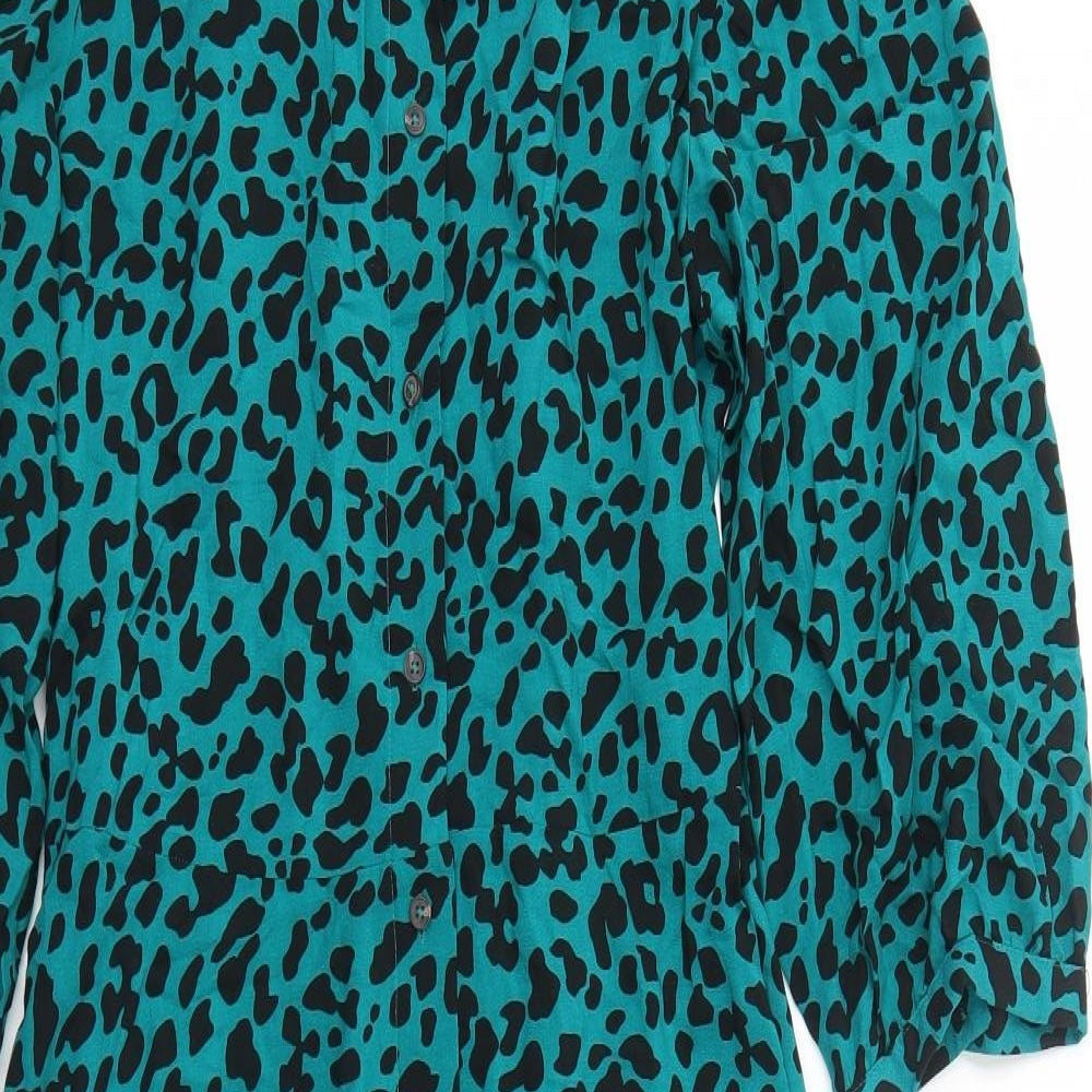 Marks and Spencer Womens Green Animal Print Viscose Shirt Dress Size 14 Collared Button - Leopard Pattern