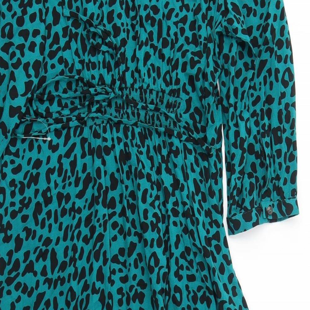 Marks and Spencer Womens Green Animal Print Viscose Shirt Dress Size 14 Collared Button - Leopard Pattern